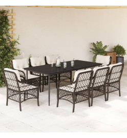 Ensemble à manger de jardin et coussins 9 pcs marron poly rotin