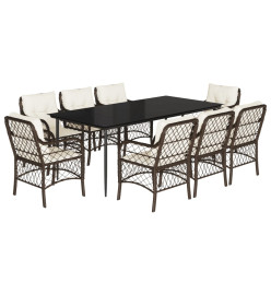 Ensemble à manger de jardin et coussins 9 pcs marron poly rotin