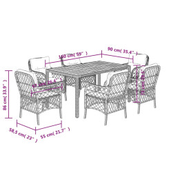 Ensemble à manger de jardin coussins 7pcs Noir Résine tressée