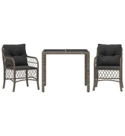 Ensemble de bistro 3 pcs avec coussins gris résine tressée