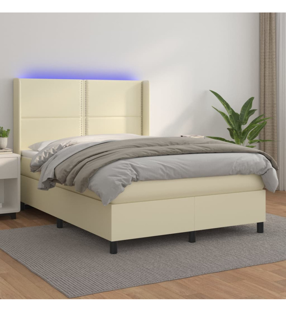 Sommier tapissier et matelas et LED Crème 140x200 cm Similicuir