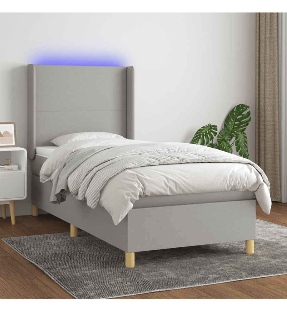 Sommier tapissier matelas et LED Gris clair 100x200 cm Tissu