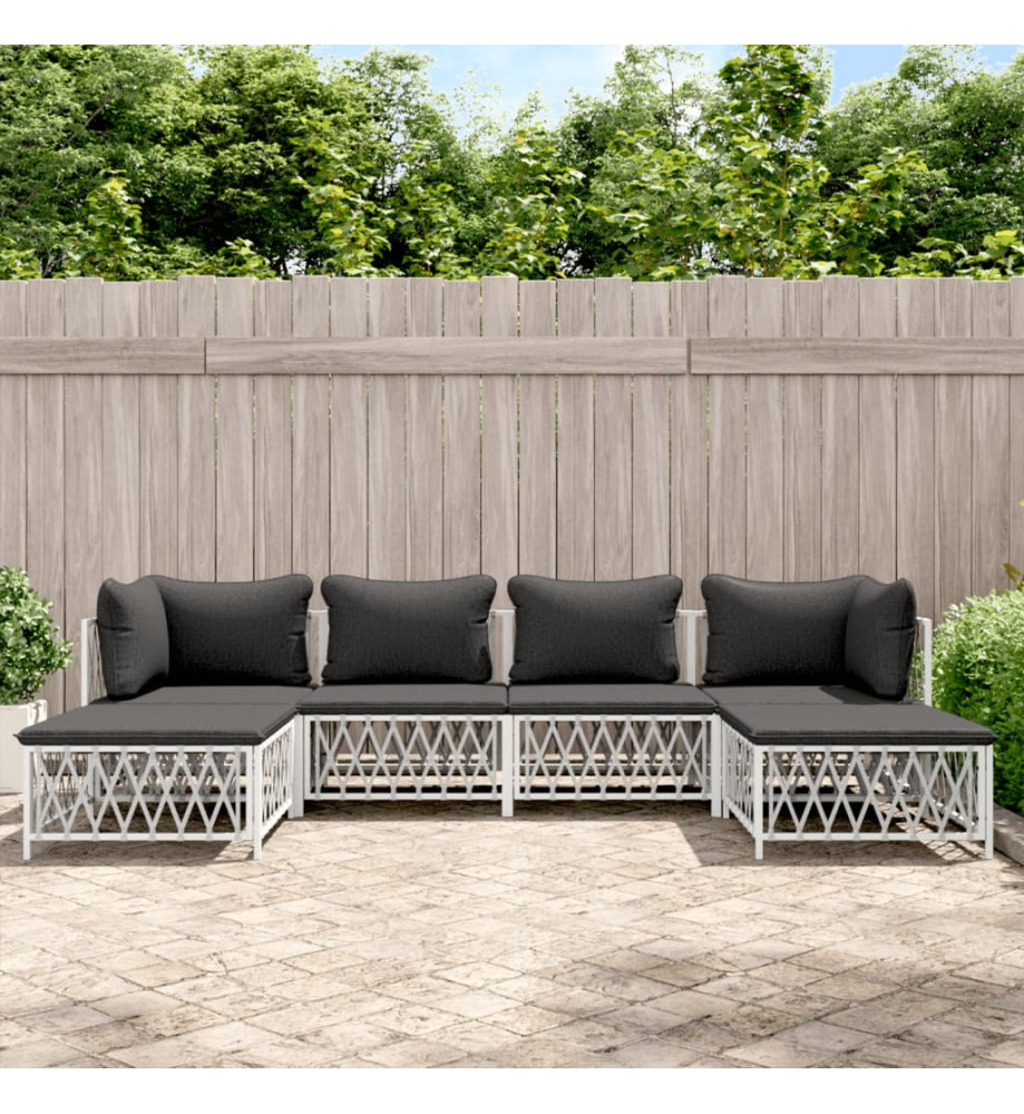 Salon de jardin avec coussins 6 pcs blanc acier