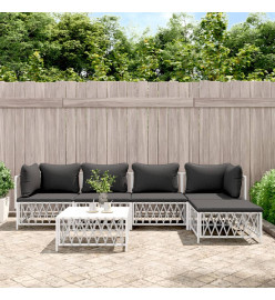 Salon de jardin avec coussins 6 pcs blanc acier