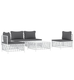 Salon de jardin avec coussins 5 pcs blanc acier