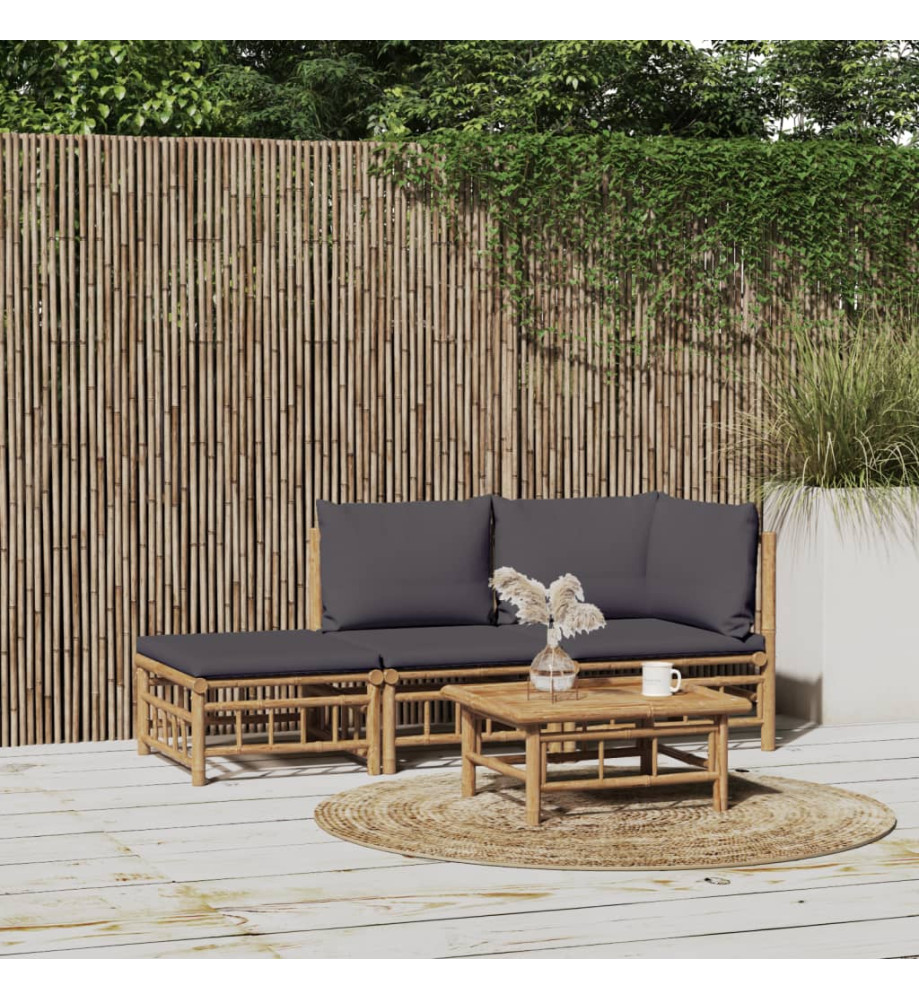 Salon de jardin 3 pcs avec coussins gris foncé bambou