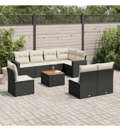 Salon de jardin 9 pcs avec coussins noir résine tressée