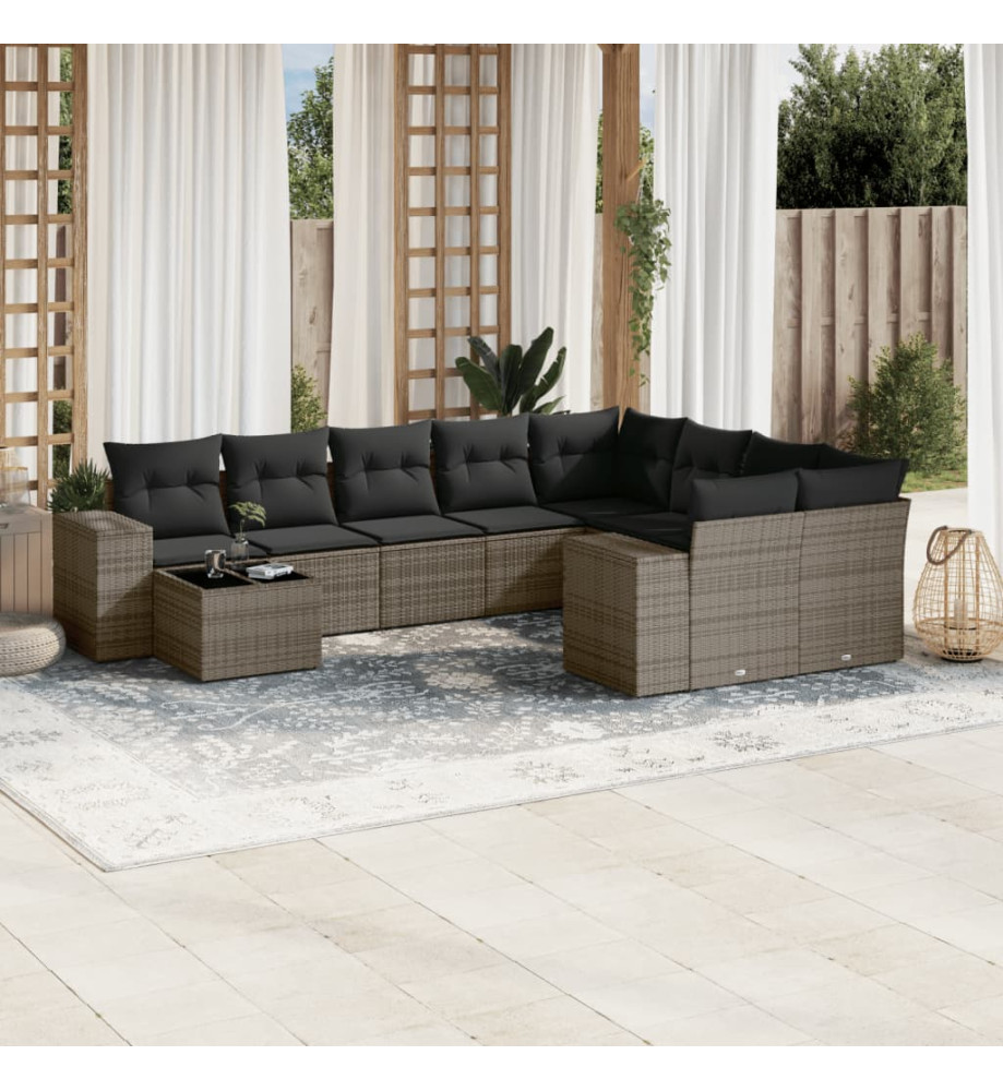 Salon de jardin avec coussins 10 pcs gris résine tressée Salon de jardin avec coussins 10 pcs gris résine tressée