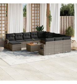 Salon de jardin avec coussins 13 pcs gris résine tressée