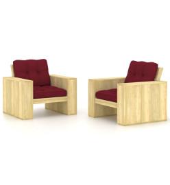 Chaises de jardin 2 pcs et coussins bordeaux Pin imprégné