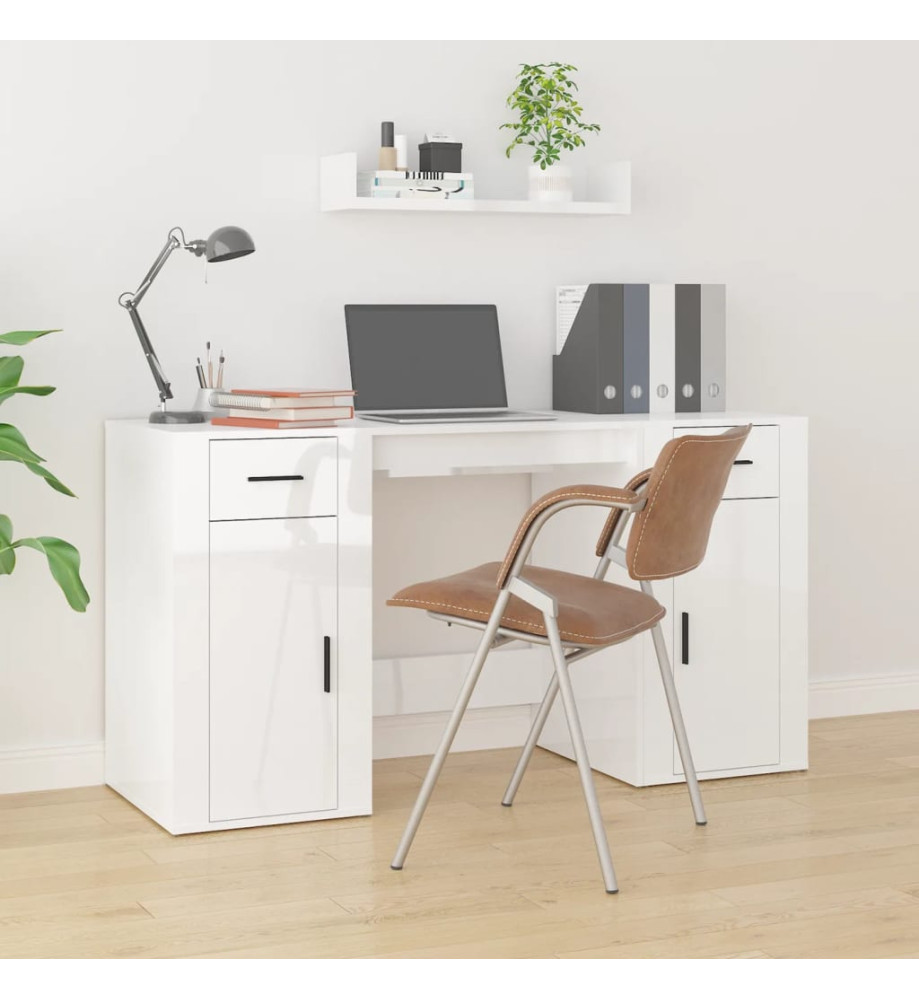 Bureau avec armoire blanc brillant bois d'ingénierie