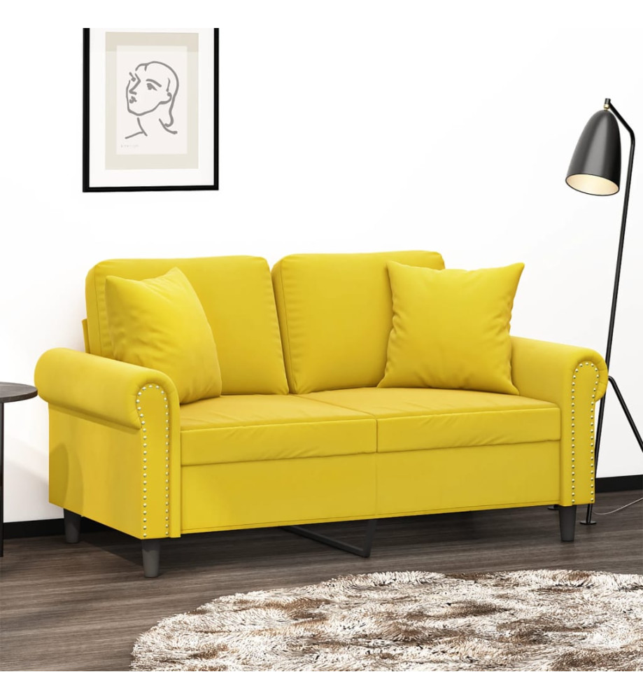 Canapé 2 places avec oreillers décoratifs jaune 120 cm velours