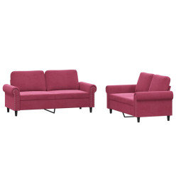 Ensemble de canapés 2 pcs avec coussins Rouge bordeaux Velours