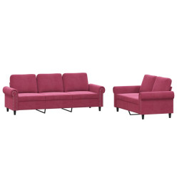 Ensemble de canapés 2 pcs avec coussins Rouge bordeaux Velours