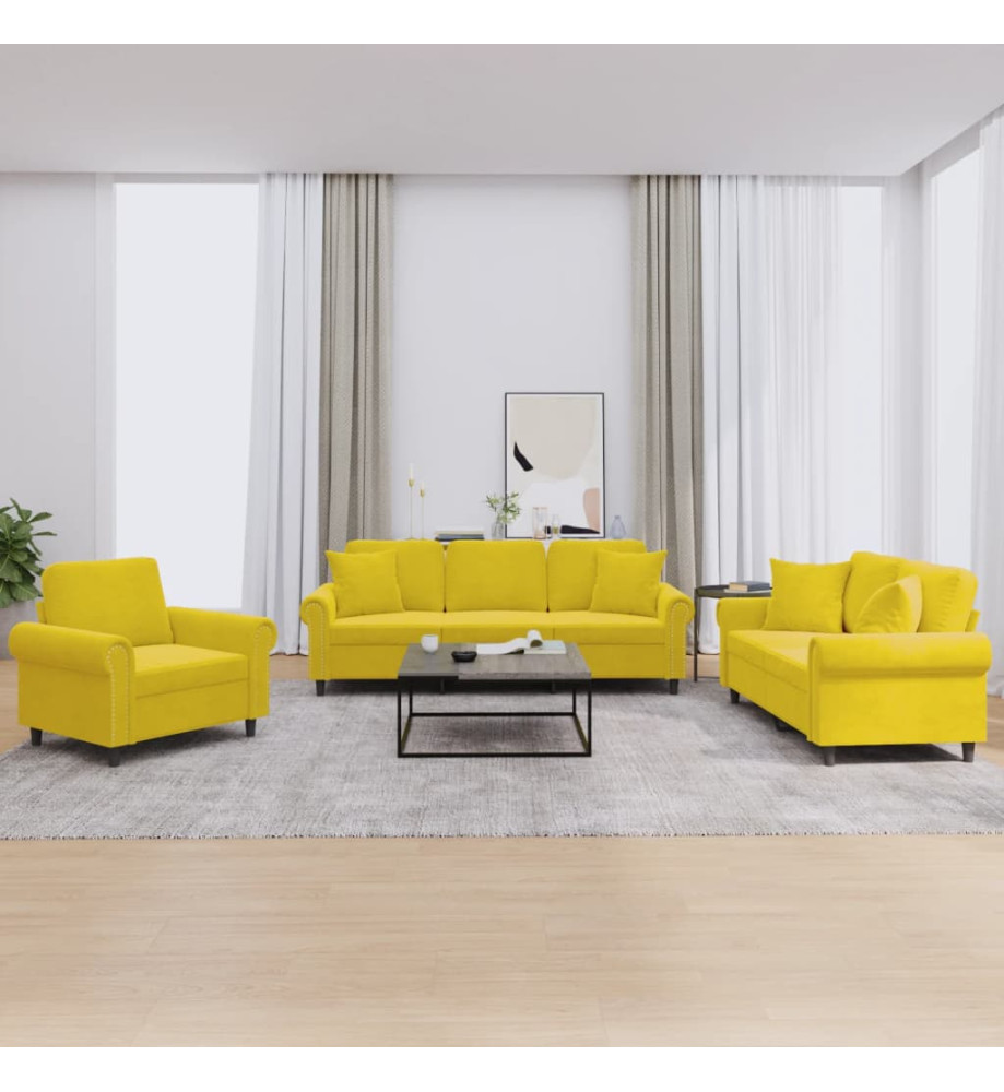 Ensemble de canapés 3 pcs avec coussins jaune velours