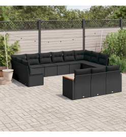 Salon de jardin avec coussins 13 pcs noir résine tressée