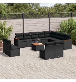Salon de jardin avec coussins 13 pcs noir résine tressée