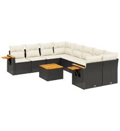 Salon de jardin 9 pcs avec coussins noir résine tressée