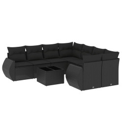 Salon de jardin 9 pcs avec coussins noir résine tressée