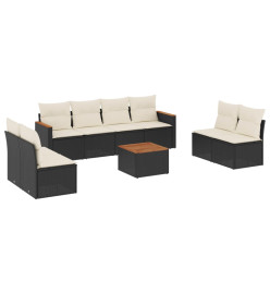Salon de jardin 9 pcs avec coussins noir résine tressée