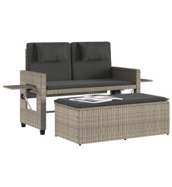 Banc inclinable de jardin et coussins gris clair résine tressée