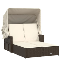 Chaise longue double avec auvent et coussins marron poly rotin