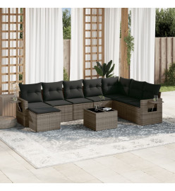 Salon de jardin 9 pcs avec coussins gris résine tressée