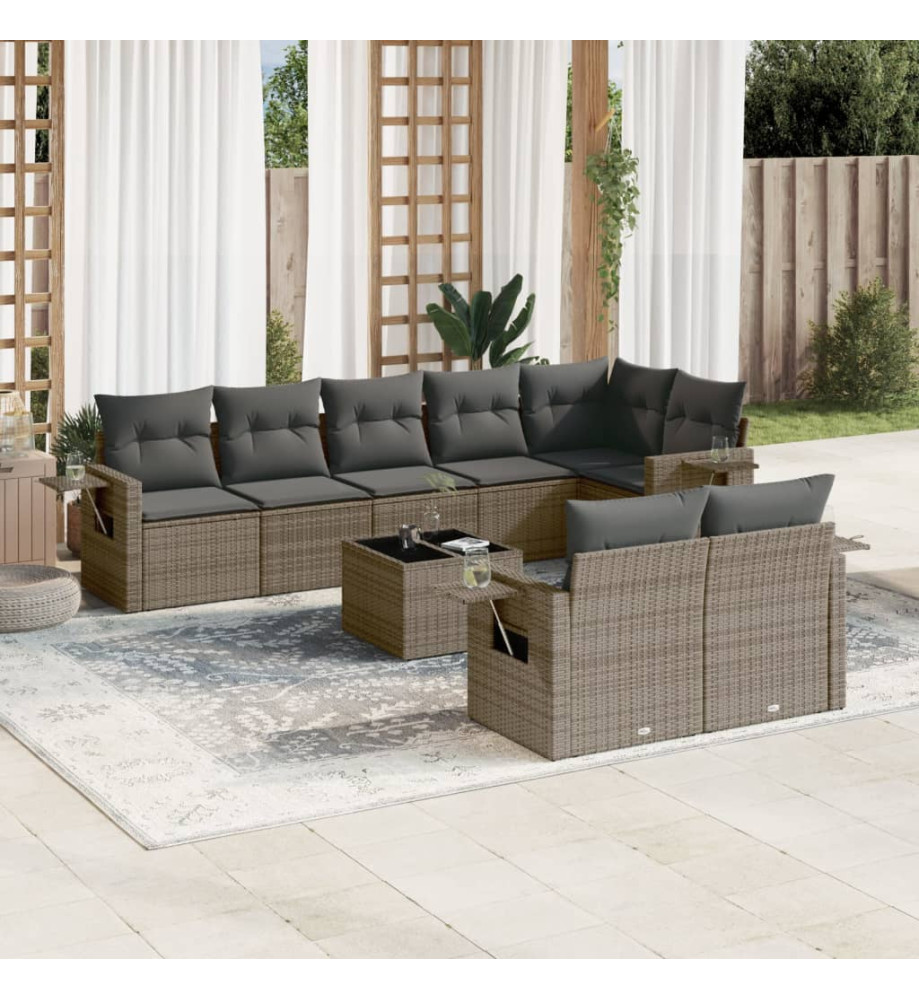 Salon de jardin 9 pcs avec coussins gris résine tressée Salon de jardin 9 pcs avec coussins gris résine tressée