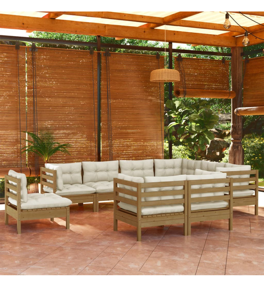 Salon de jardin 9 pcs avec coussins Marron miel Bois de pin