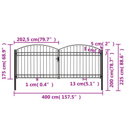 Portillon double porte avec dessus arqué Acier 400x175 cm Noir