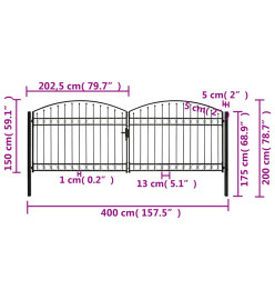 Portillon double porte avec dessus arqué Acier 400x150 cm Noir