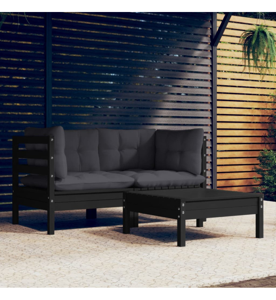 Salon de jardin 3 pcs avec coussins anthracite Bois de pin