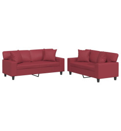 Ensemble de canapés 2 pcs et coussins rouge bordeaux similicuir