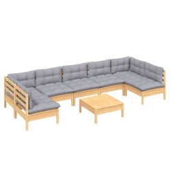 Salon de jardin 8 pcs avec coussins gris Bois de pin massif