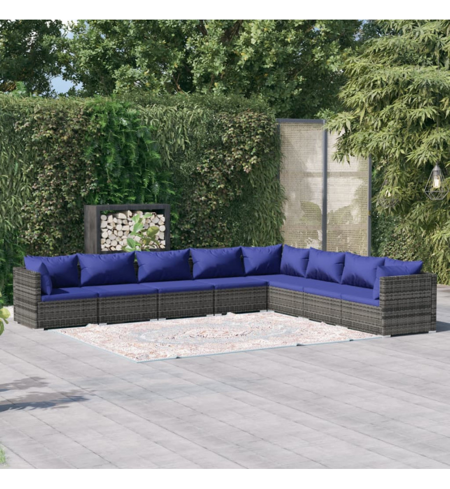 Salon de jardin 8 pcs avec coussins résine tressée gris