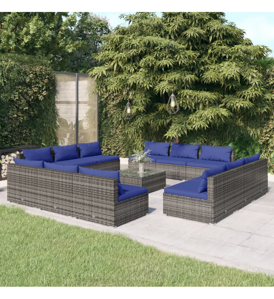 Salon de jardin 13 pcs avec coussins résine tressée gris