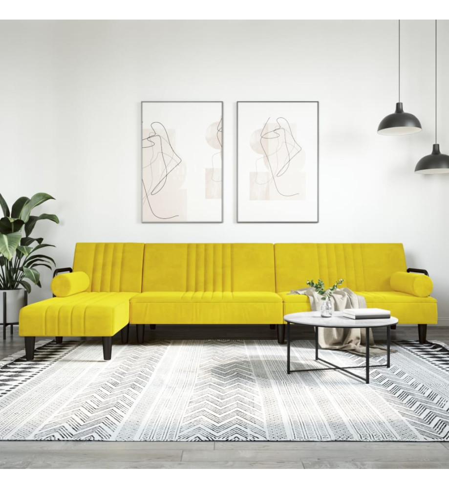 Canapé-lit en forme de L jaune 260x140x70 cm velours