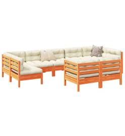 Salon de jardin 9 pcs avec coussins marron cire bois pin massif