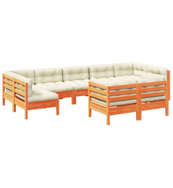 Salon de jardin 9 pcs avec coussins marron cire bois pin massif