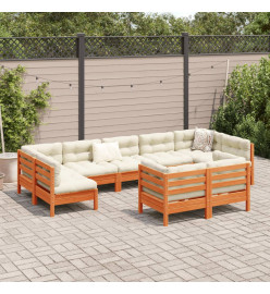Salon de jardin 9 pcs avec coussins marron cire bois pin massif