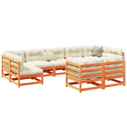 Salon de jardin 9 pcs avec coussins marron cire bois pin massif