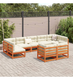 Salon de jardin 9 pcs avec coussins marron cire bois pin massif
