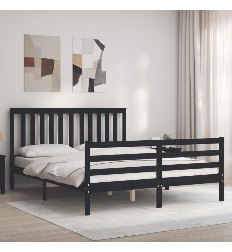 Cadre de lit avec tête de lit noir 160x200 cm bois massif Cadre de lit avec tête de lit noir 160x200 cm bois massif