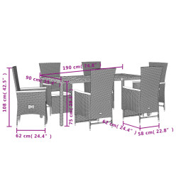 Ensemble à manger de jardin coussins 7pcs Noir Résine tressée