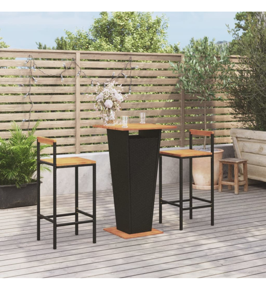Ensemble de bar jardin 3 pcs noir poly rotin/bois massif acacia Ensemble de bar jardin 3 pcs noir poly rotin/bois massif acacia
