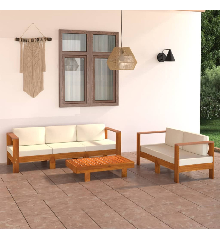 Salon de jardin 5 pcs avec coussins blanc crème bois d'acacia Salon de jardin 5 pcs avec coussins blanc crème bois d'acacia