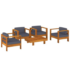 Salon de jardin 5 pcs avec coussins gris foncé Bois massif