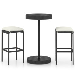 Ensemble de bar de jardin 3 pcs et coussins Résine tressée Noir