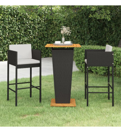 Ensemble de bar de jardin 3 pcs et coussins Résine tressée Noir