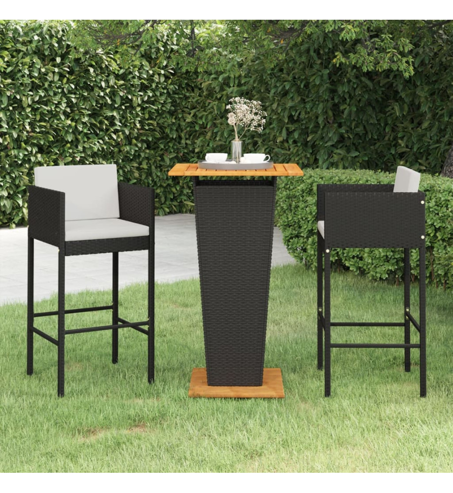 Ensemble de bar de jardin 3 pcs et coussins Résine tressée Noir Ensemble de bar de jardin 3 pcs et coussins Résine tressée Noir